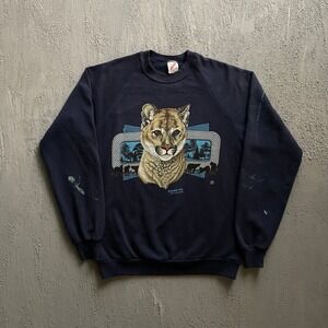 Vintage Mountain Lion Graphic Sweatshirt Mens Large Navy Blue 90s Jerzees